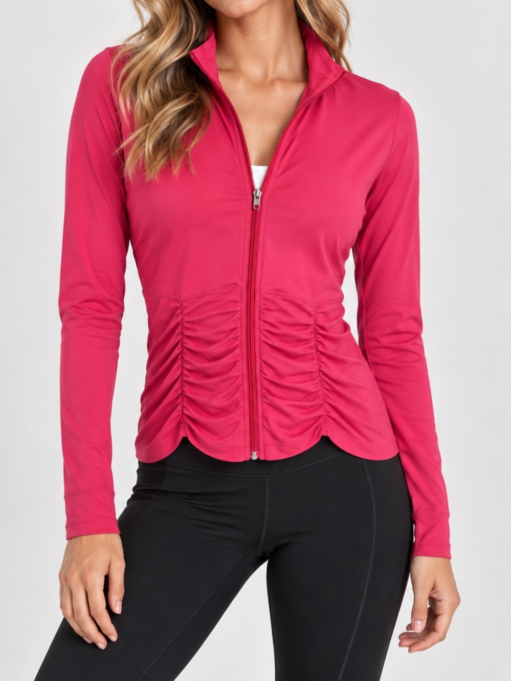 Lucy Hot Pink Workout Jacket Ruched Fitted Full Zip Long Sleeve Athletic Small